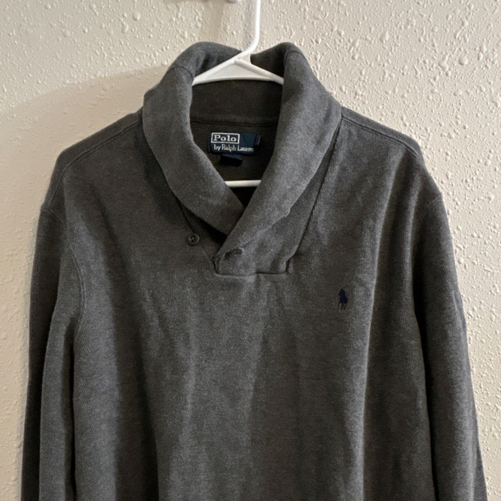 Polo Ralph Lauren‎ Gray Shawl Collar herringbone Knit Pullover  Men's Size L Y2K